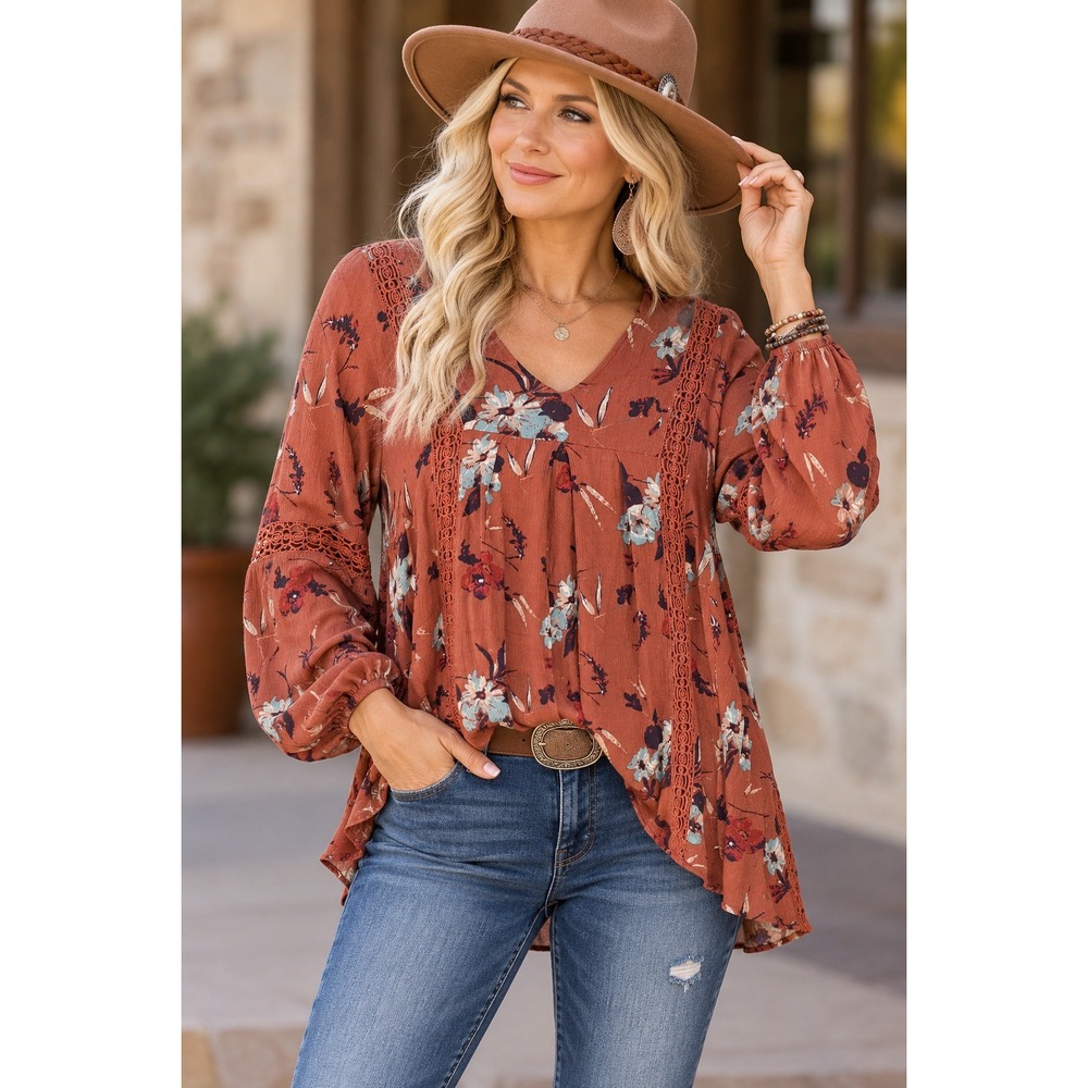 Blu Pepper Plus Floral Crochet Lace Trim Boho Tunic Top Rust Orange Flowy1XL